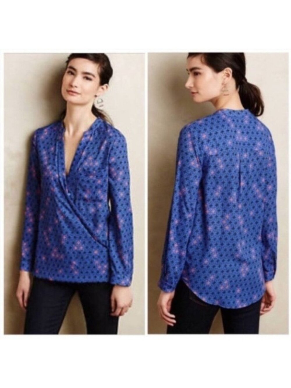 Anthropologie Maeve Eva Wrap Blouse Top sz 0 xs Blue Flows Not Bulky